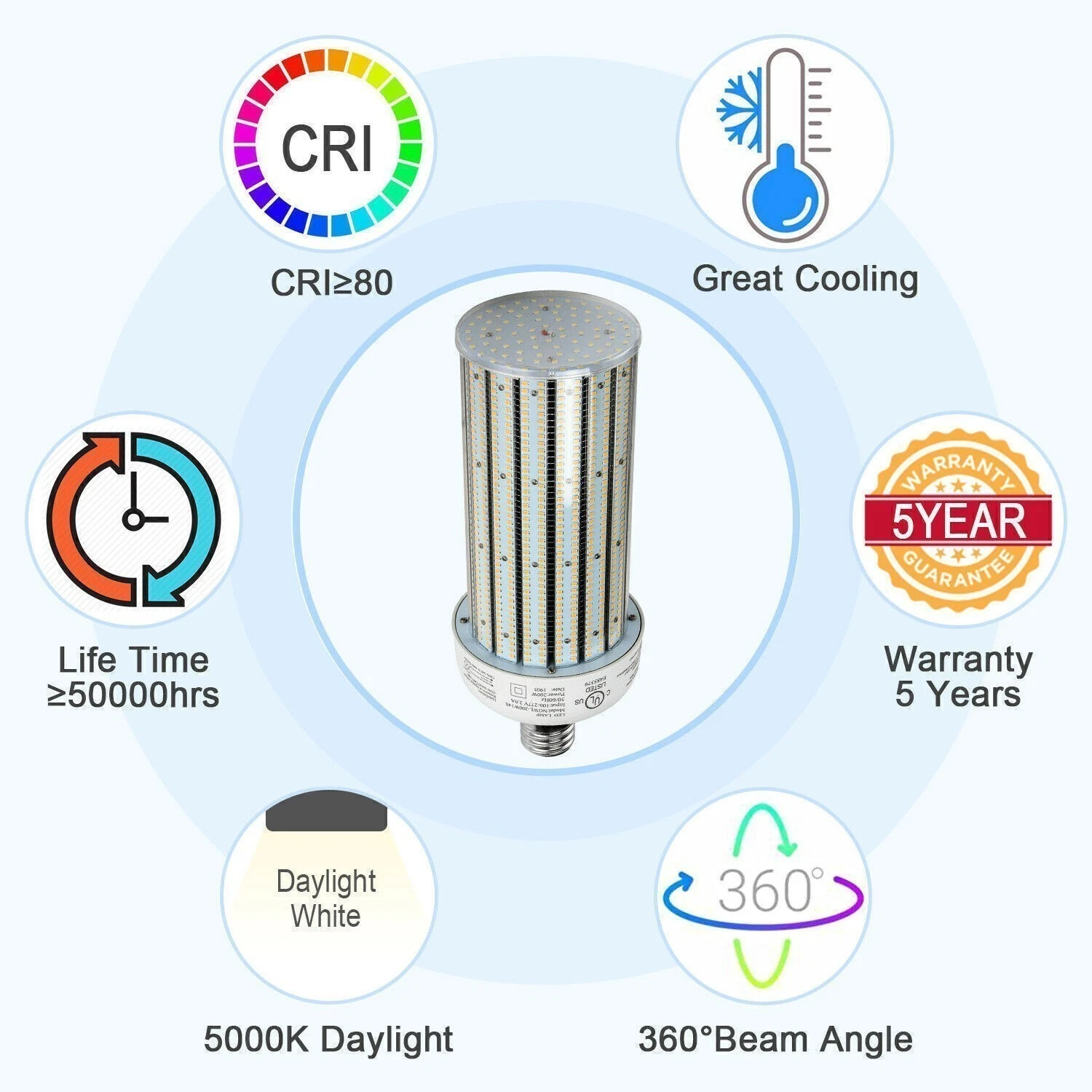 Bombilla LED Tipo Maíz Kukuppo 200W de Alto Voltaje (277V-480V) | 27,000 LM, Base Mogul E39, 6000K Luz Fría 8