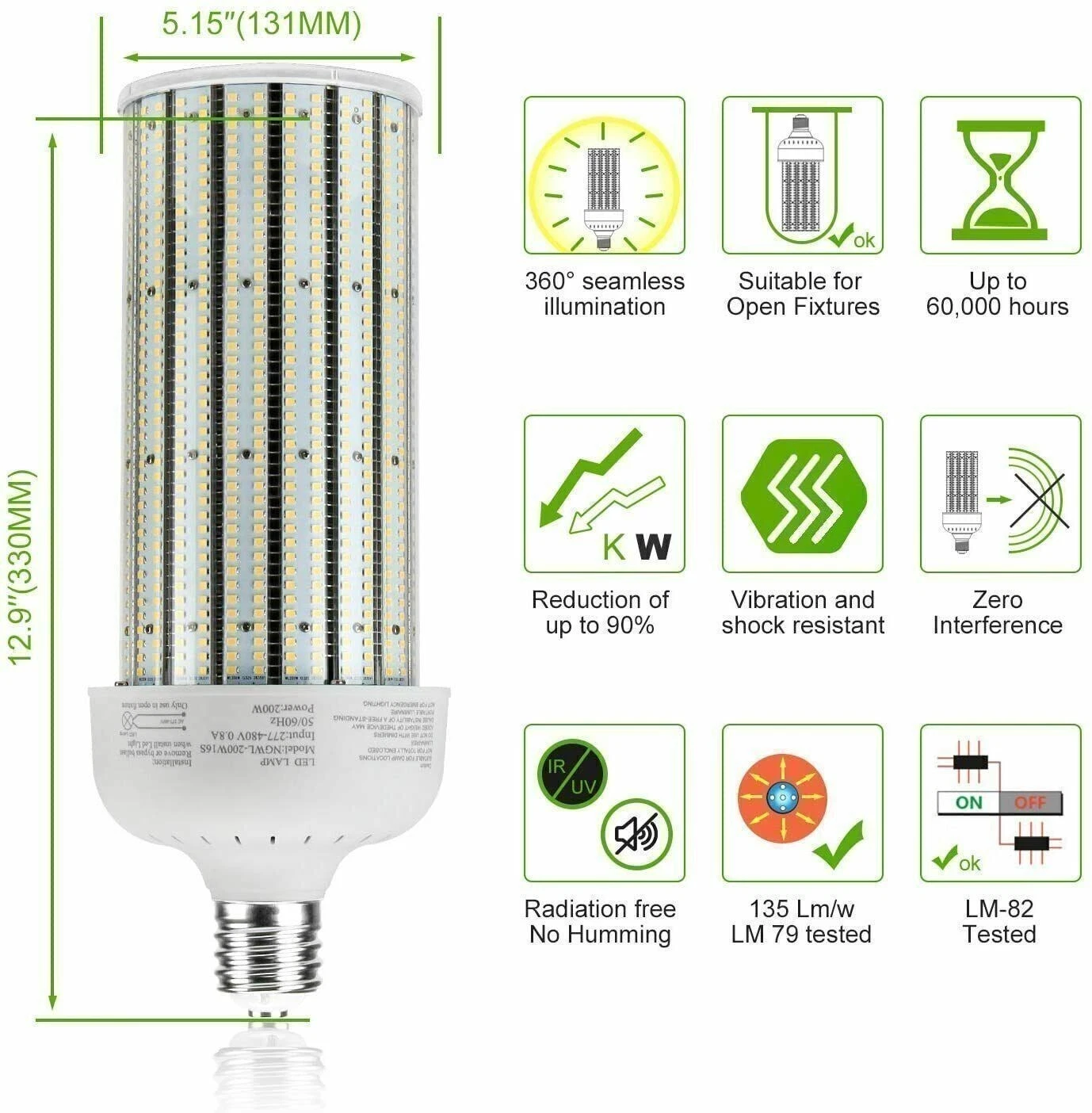 Bombilla LED Tipo Maíz Kukuppo 200W de Alto Voltaje (277V-480V) | 27,000 LM, Base Mogul E39, 6000K Luz Fría 10