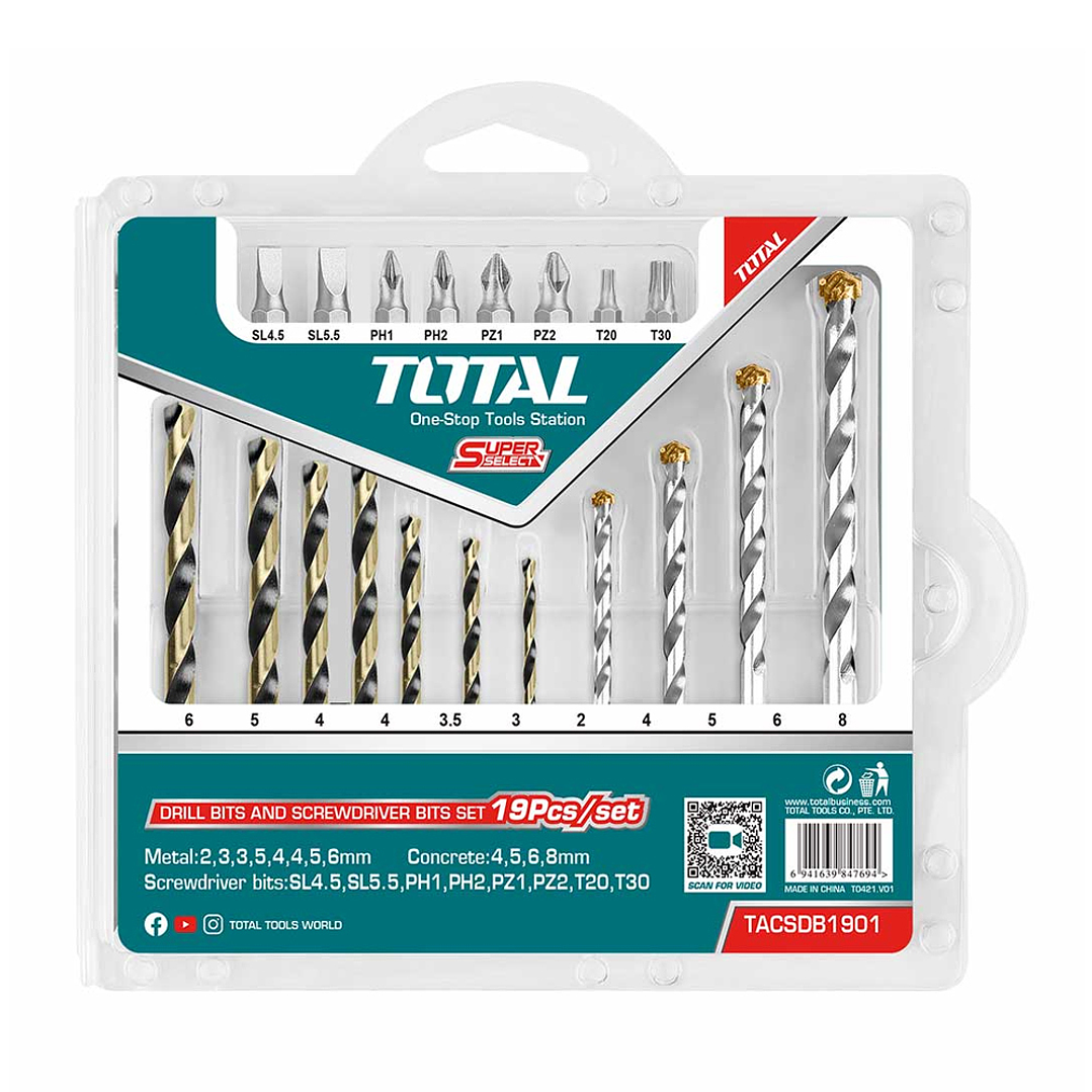 Juego Brocas Y Puntas P/ Atornillador Taladro 19 Pcs Total 1
