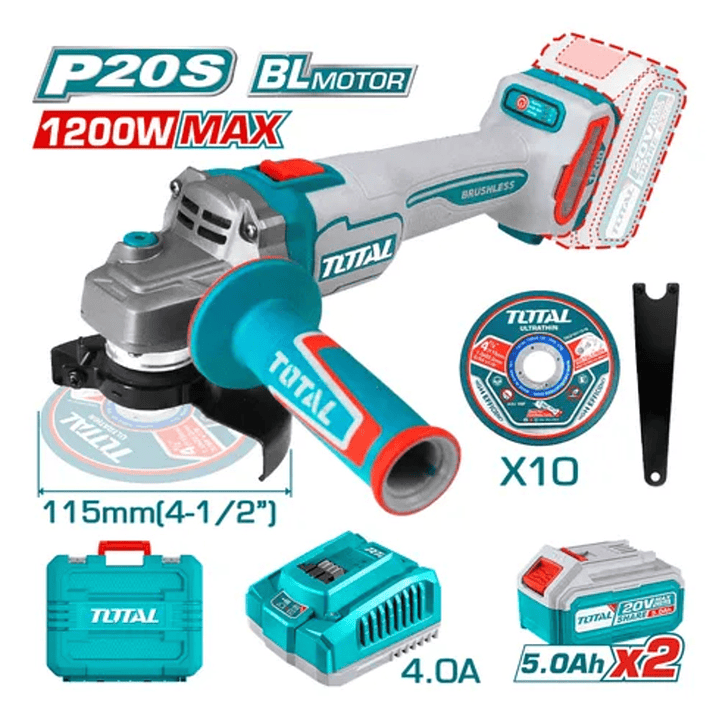 Esmeril Angular 4 1/2 Inalámbrico 20v+2bts 5ah+car+10 Disc Turquesa  1