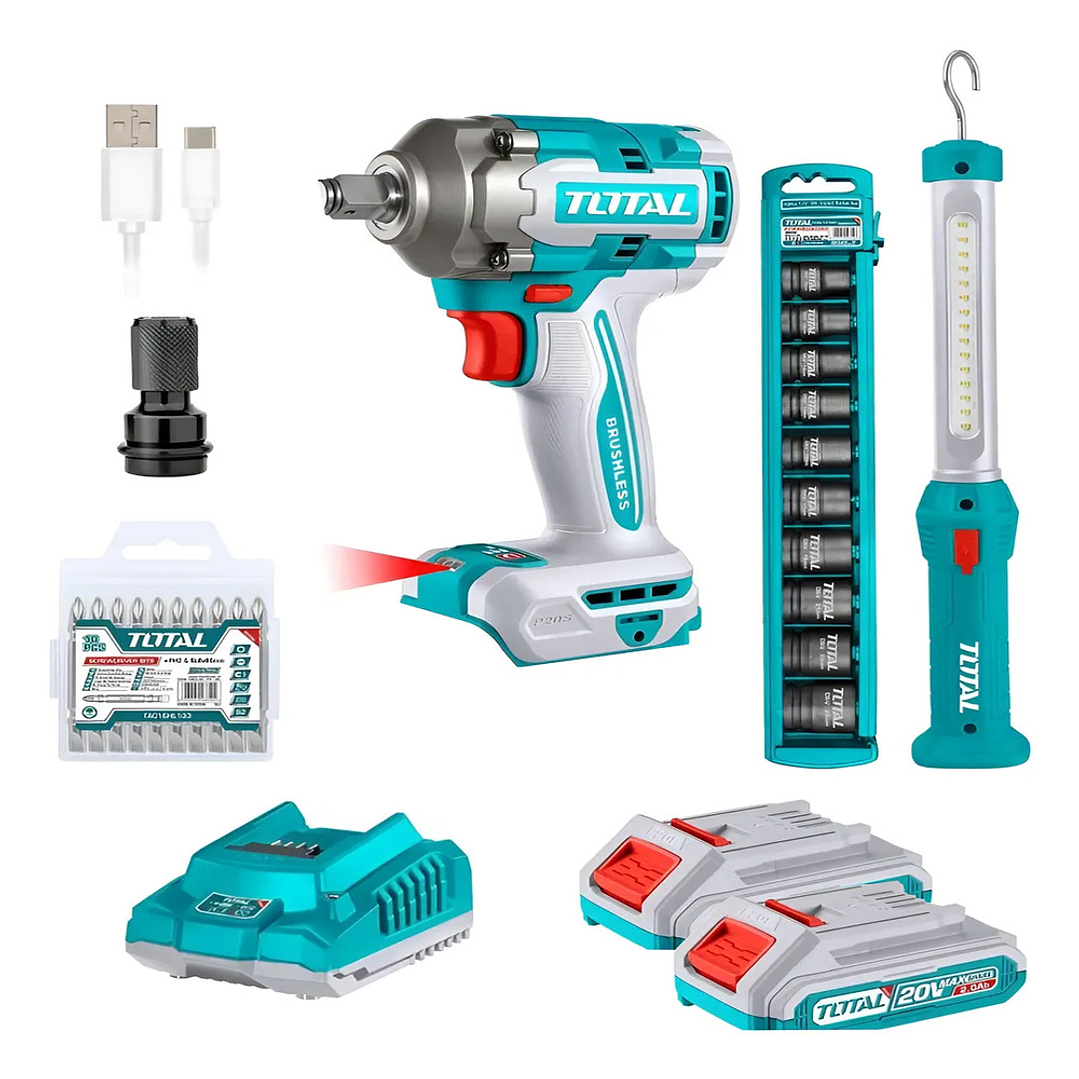 Kit Llave De Impacto 20v + Lampara + Dados Total Tosli23048 1