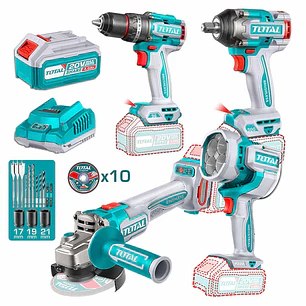 Taladro+ Llave Impacto+ Galletera Esmeril+ Lampara 20v Total