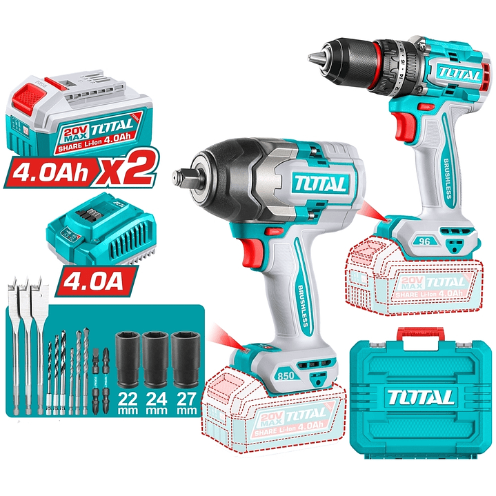 KIT LLAVE IMPACTO 850NM + TALADRO 96NM INALAMBRICO 20V TOTAL 1