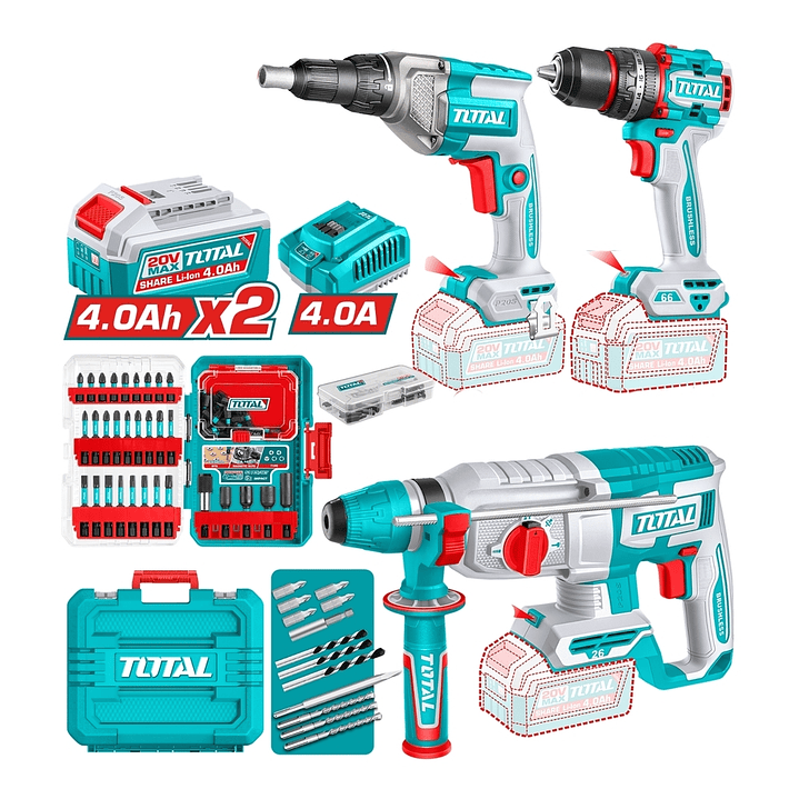 KIT TALADRO + ROTOMARTILLO + AROTNILLADOR INALAMB POR 3PCS TOTAL 1