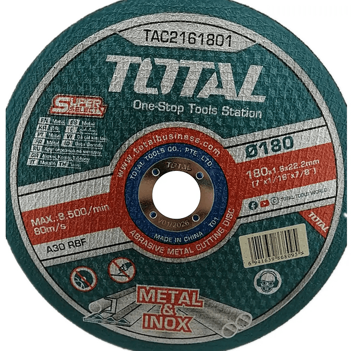 DISCO CORTE P/ METAL ABRASIVO 180MM X 1.6MM TOTAL 1