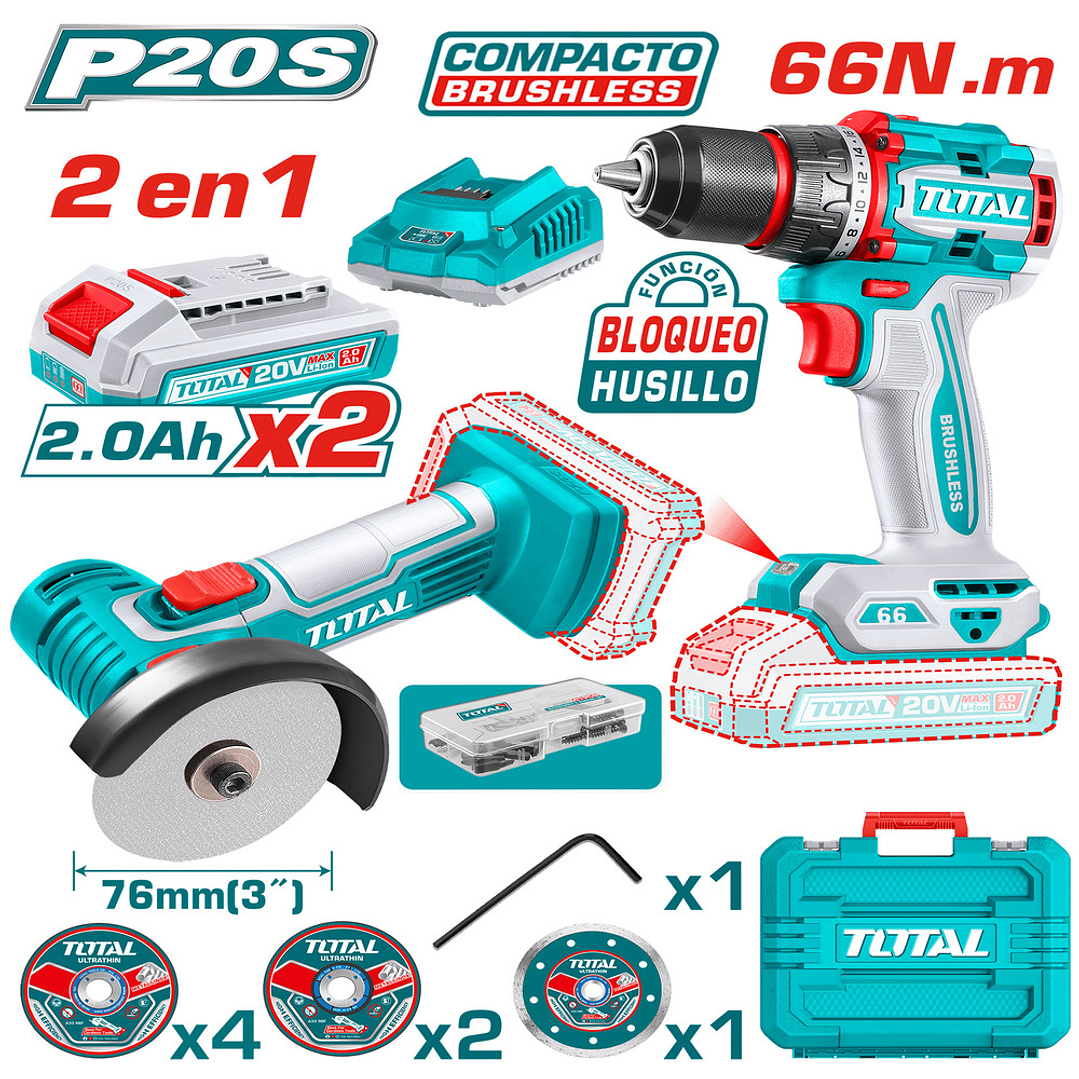 KIT TALADRO 66NM + ESMERIL INALAMBRICO 20V TOTAL 1