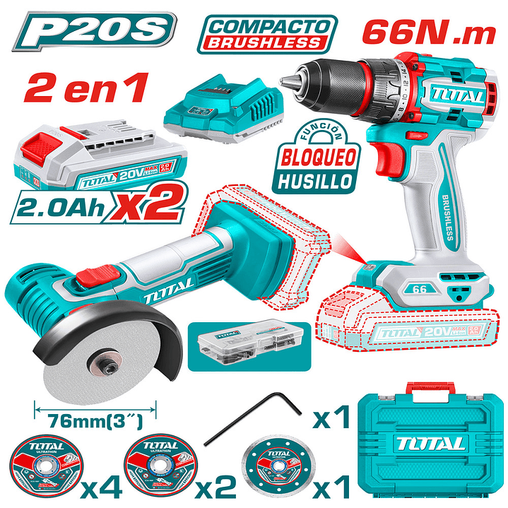 KIT TALADRO 66NM + ESMERIL INALAMBRICO 20V TOTAL 1
