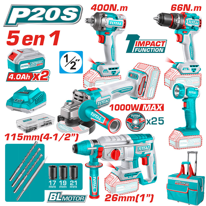 KIT HERRAMIENTAS INALAMBRICAS 20V POR 5PCS TOTAL 1