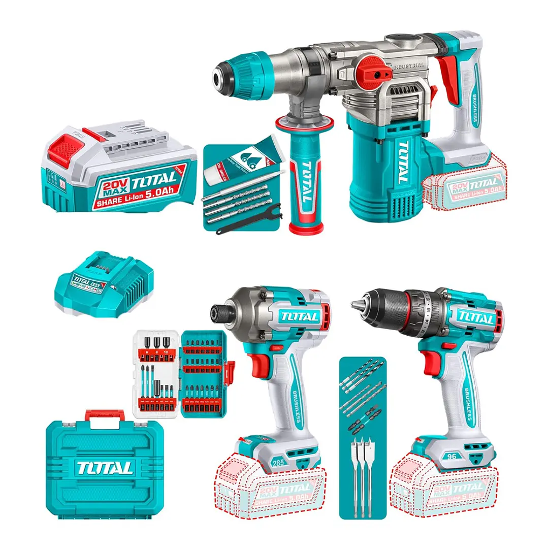 KIT TALADRO + ATONRILLADOR + ROTOMARTILLO INALAMBRICO 20V TOTAL 1