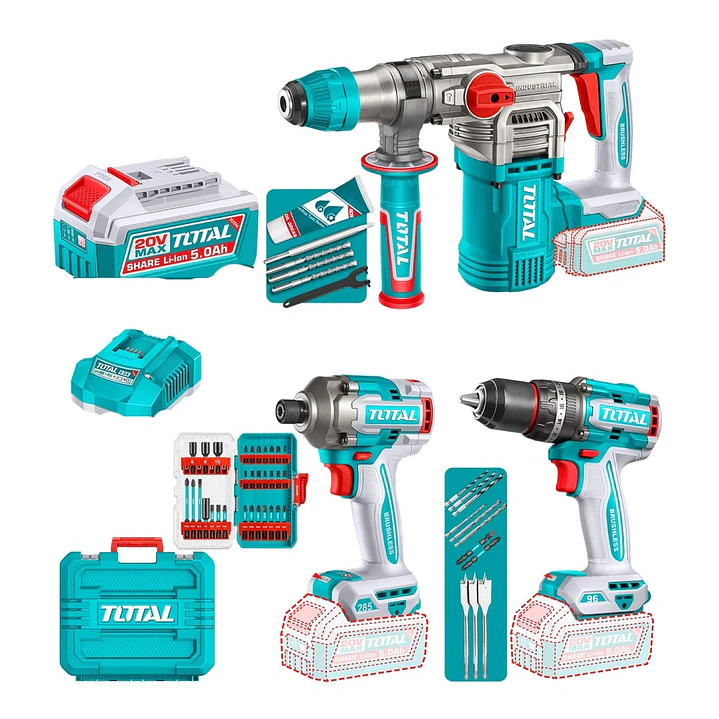 KIT TALADRO + ATONRILLADOR + ROTOMARTILLO INALAMBRICO 20V TOTAL 1