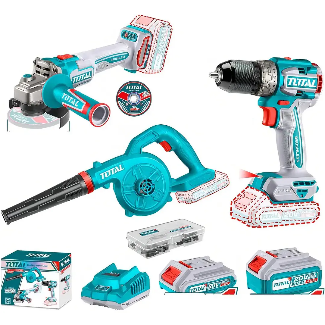 KIT TALADRO + ESMERIL + SOPLADORA INALAMBRICO 20V TOTAL 1