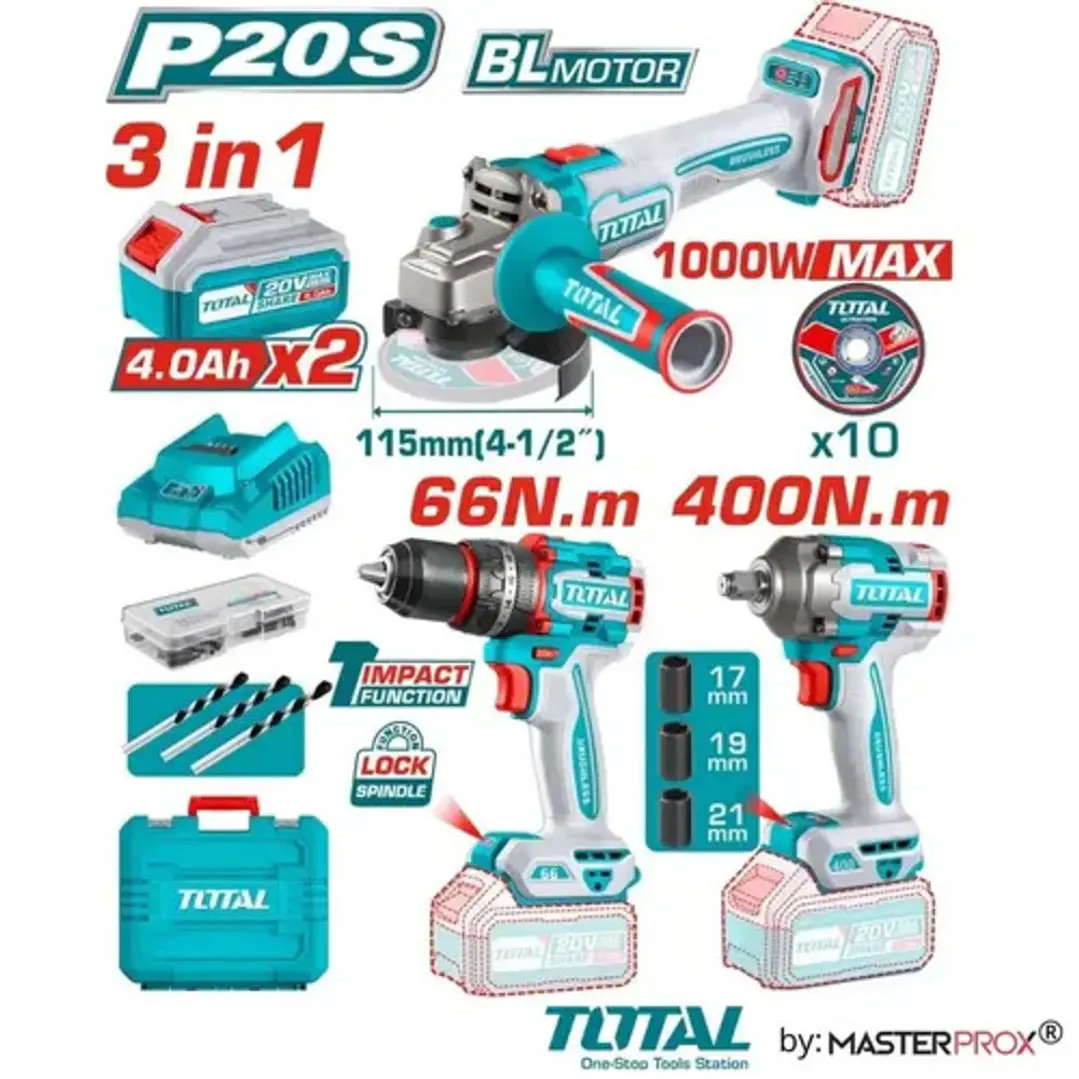 KIT TALADRO + ESMERIL + LLAVE IMPACTO INALAMBRICO 20V TOTAL 1