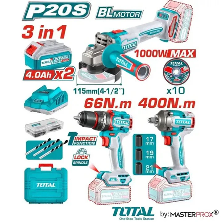 KIT TALADRO + ESMERIL + LLAVE IMPACTO INALAMBRICO 20V TOTAL 1