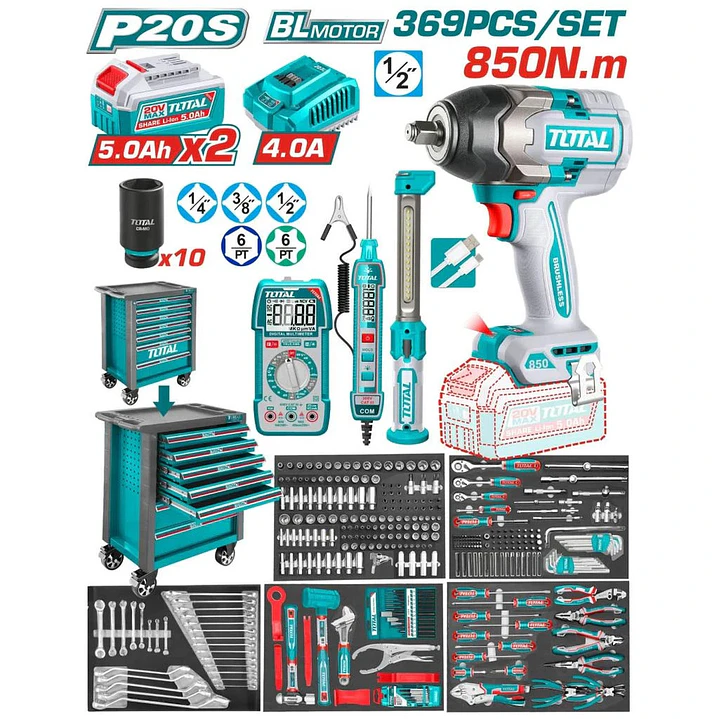 CAJA DE HERRAMIENTAS POR 369 PCS CON LLAVE IMPACTO 850NM TOTAL 1