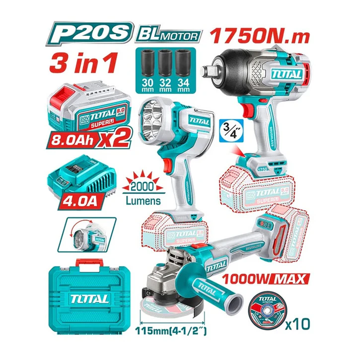 KIT LLAVE IMPACTO 1750NM + ESMERIL ANGULAR + LAMPARA INALAMBRICO 20V TOTAL 1