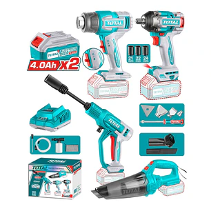 KIT LLAVE IMPACTO + PISTOLA CALOR + HIDROLAVADORA + ASPIRTADORA INALAMBRICA 20V TOTAL