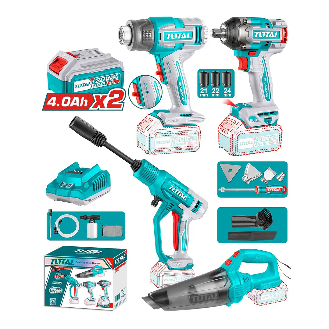 KIT LLAVE IMPACTO + PISTOLA CALOR + HIDROLAVADORA + ASPIRTADORA INALAMBRICA 20V TOTAL 1