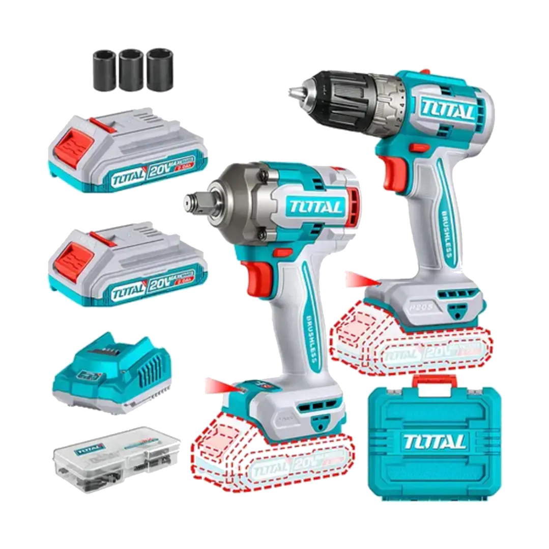 Kit Llave Impacto 400nm + Taladro 20v Carg+ 2bat Total 1