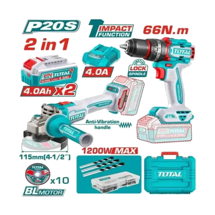 KIT TALADRO 66NM + ESMERIL INALAMBRICO 20V TOTAL 1