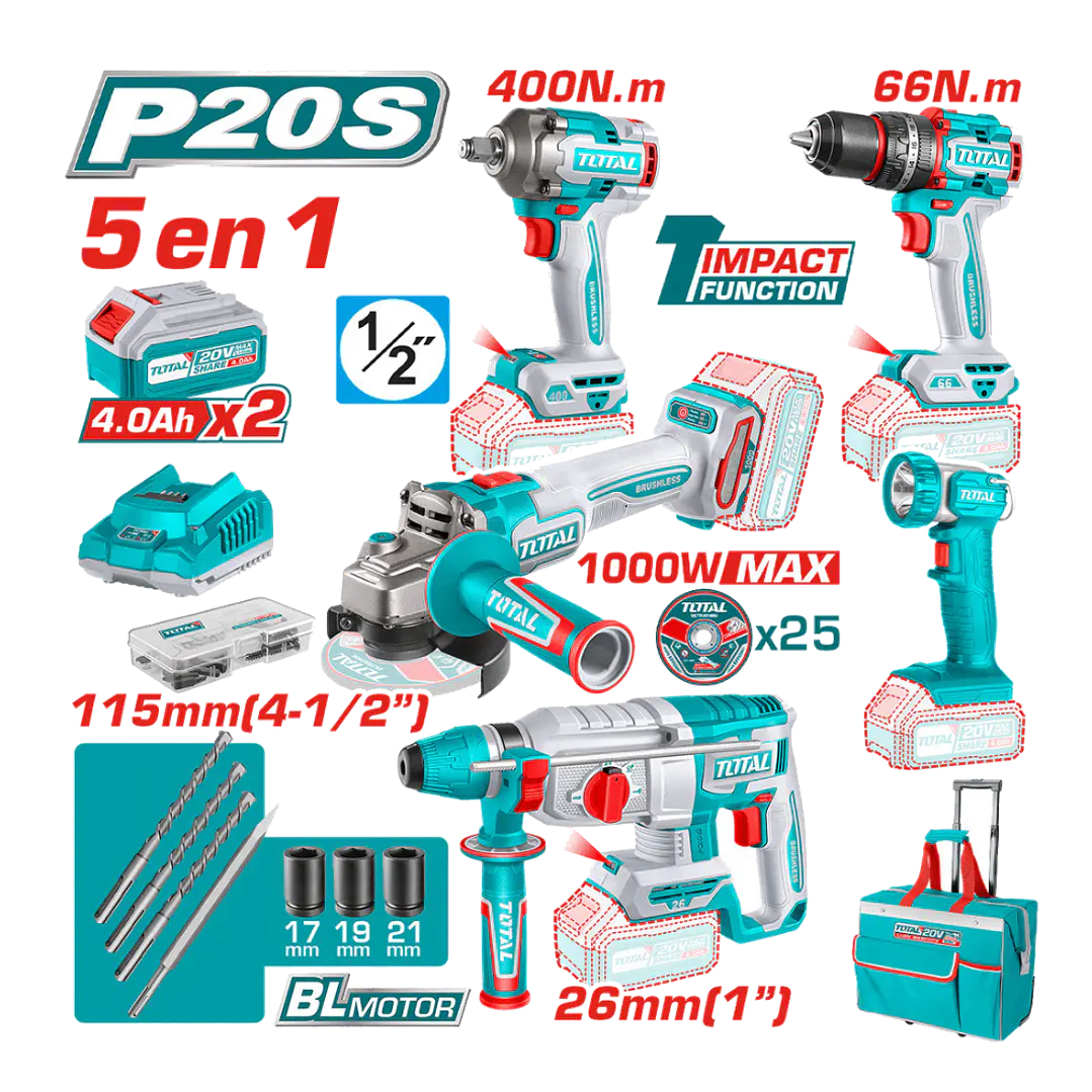 KIT HERRAMIENTAS INALAMBRICAS 20V POR 5PCS TOTAL 1