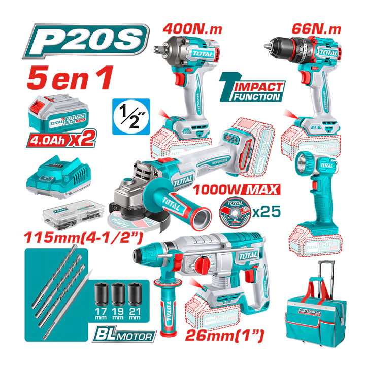 KIT HERRAMIENTAS INALAMBRICAS 20V POR 5PCS TOTAL 1