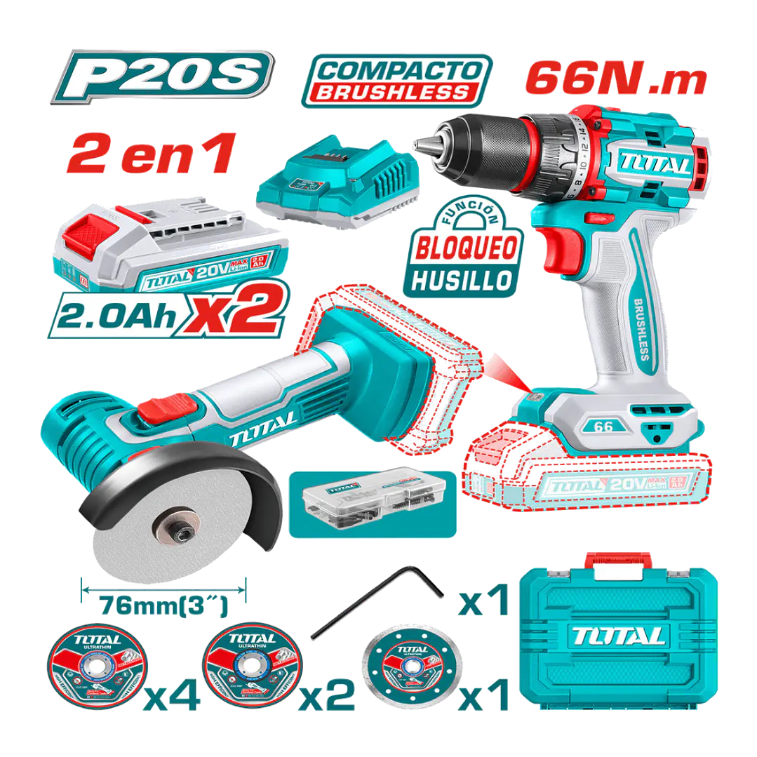 KIT TALADRO 66NM + ESMERIL INALAMBRICO 20V TOTAL 1