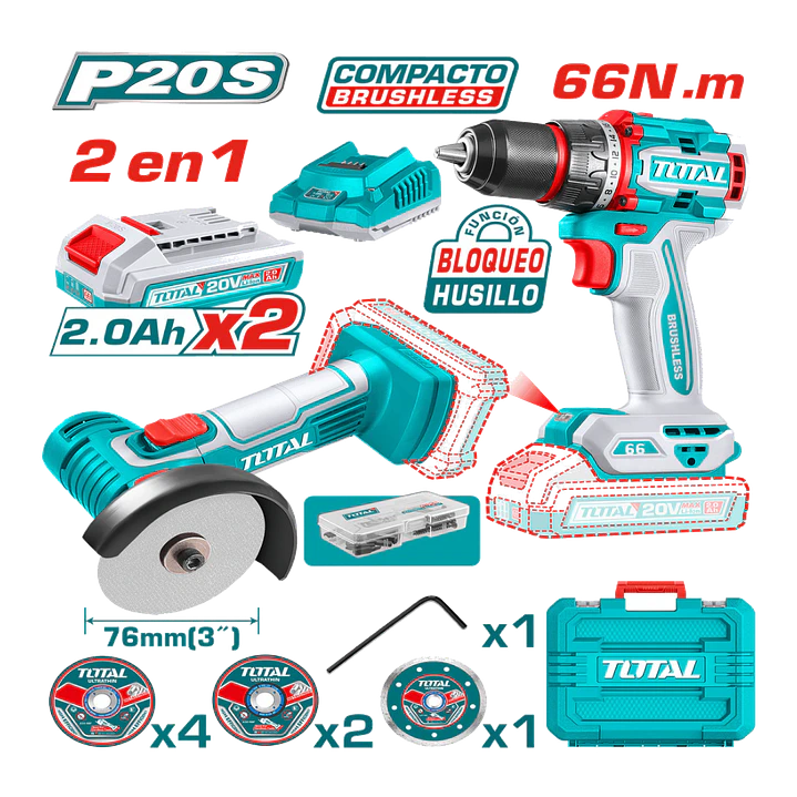 KIT TALADRO 66NM + ESMERIL INALAMBRICO 20V TOTAL 1
