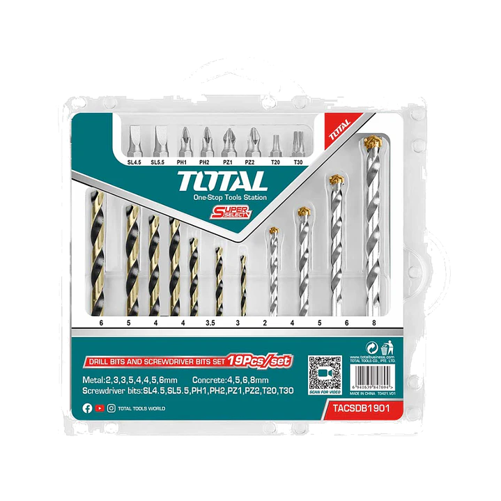 Juego Brocas Y Puntas P/ Atornillador Taladro 19 Pcs Total 1