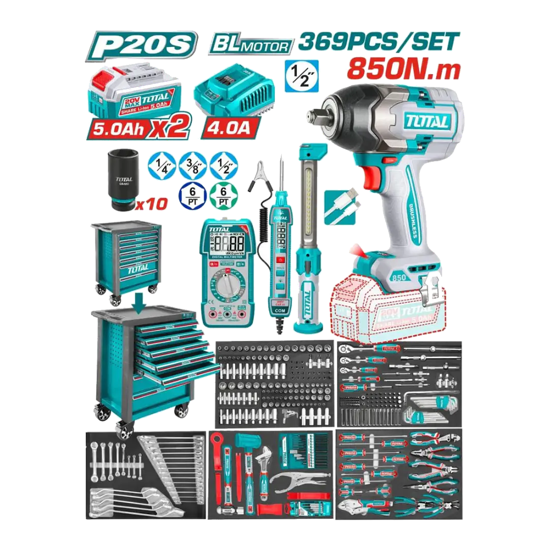 CAJA DE HERRAMIENTAS POR 369 PCS CON LLAVE IMPACTO 850NM TOTAL 1