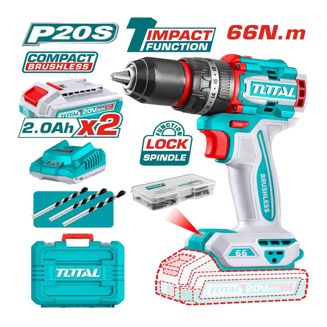 Taladro Atornillador Percutor 20v 2bat+carg Total Tidli20668 1