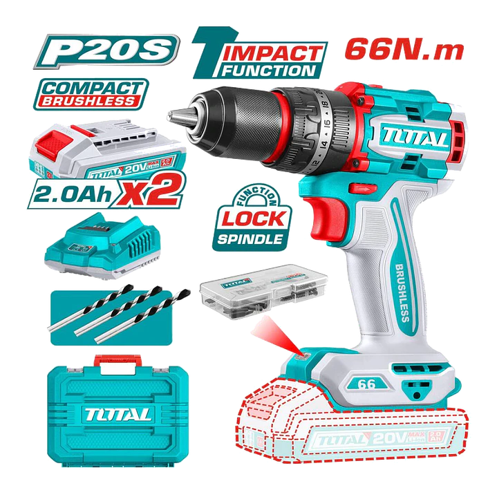 Taladro Atornillador Percutor 20v 2bat+carg Total Tidli20668 1