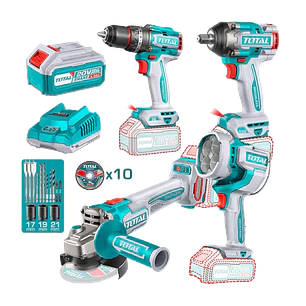 Taladro+ Llave Impacto+ Galletera Esmeril+ Lampara 20v Total