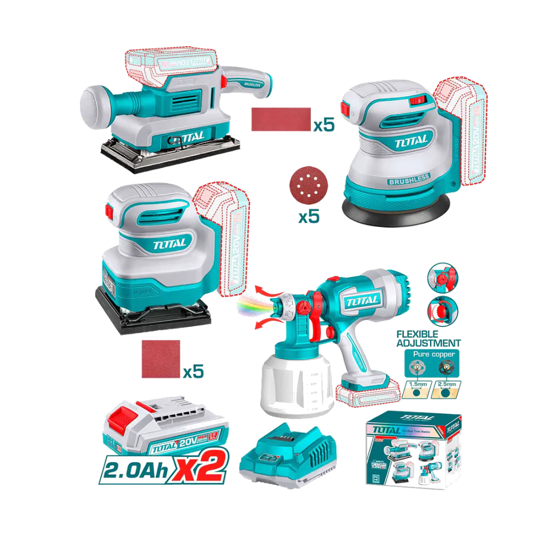 KIT DE HERRAMIENTAS INALAMBRICAS POR 4PCS LIJADORAS + PISTOLA PINTAR 20V TOTAL 1