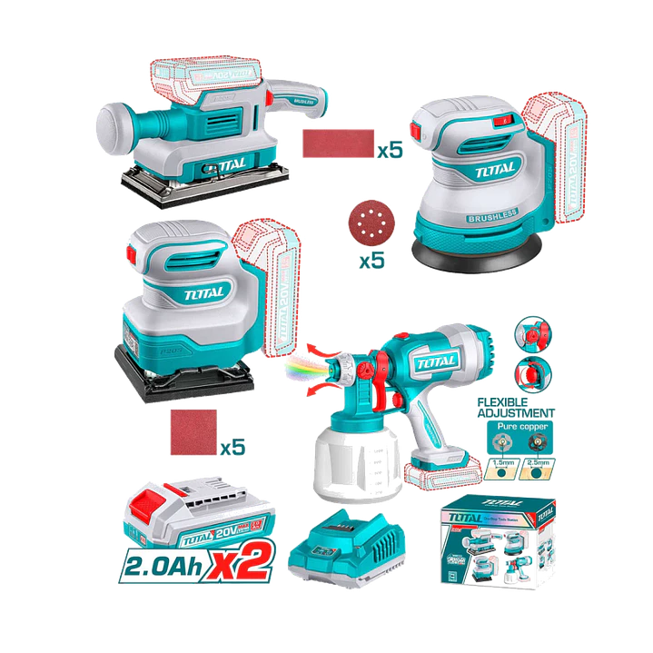 KIT DE HERRAMIENTAS INALAMBRICAS POR 4PCS LIJADORAS + PISTOLA PINTAR 20V TOTAL 1