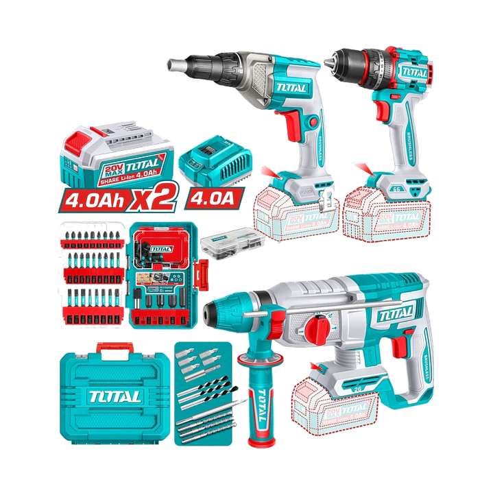 KIT TALADRO + ROTOMARTILLO + AROTNILLADOR INALAMB POR 3PCS TOTAL 1