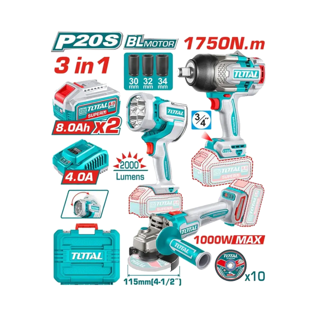 KIT LLAVE IMPACTO 1750NM + ESMERIL ANGULAR + LAMPARA INALAMBRICO 20V TOTAL 1