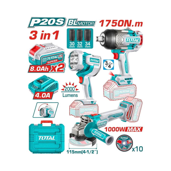 KIT LLAVE IMPACTO 1750NM + ESMERIL ANGULAR + LAMPARA INALAMBRICO 20V TOTAL 1