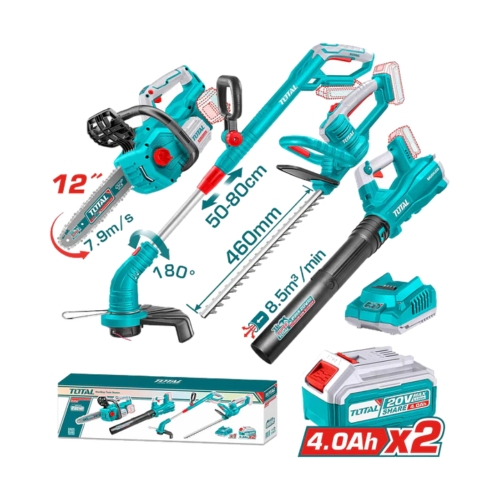 KIT MOTOSIERRA + ORILLADORA + CORTA SETO + SOPLADORA INALAMBRICA 20V TOTAL 1