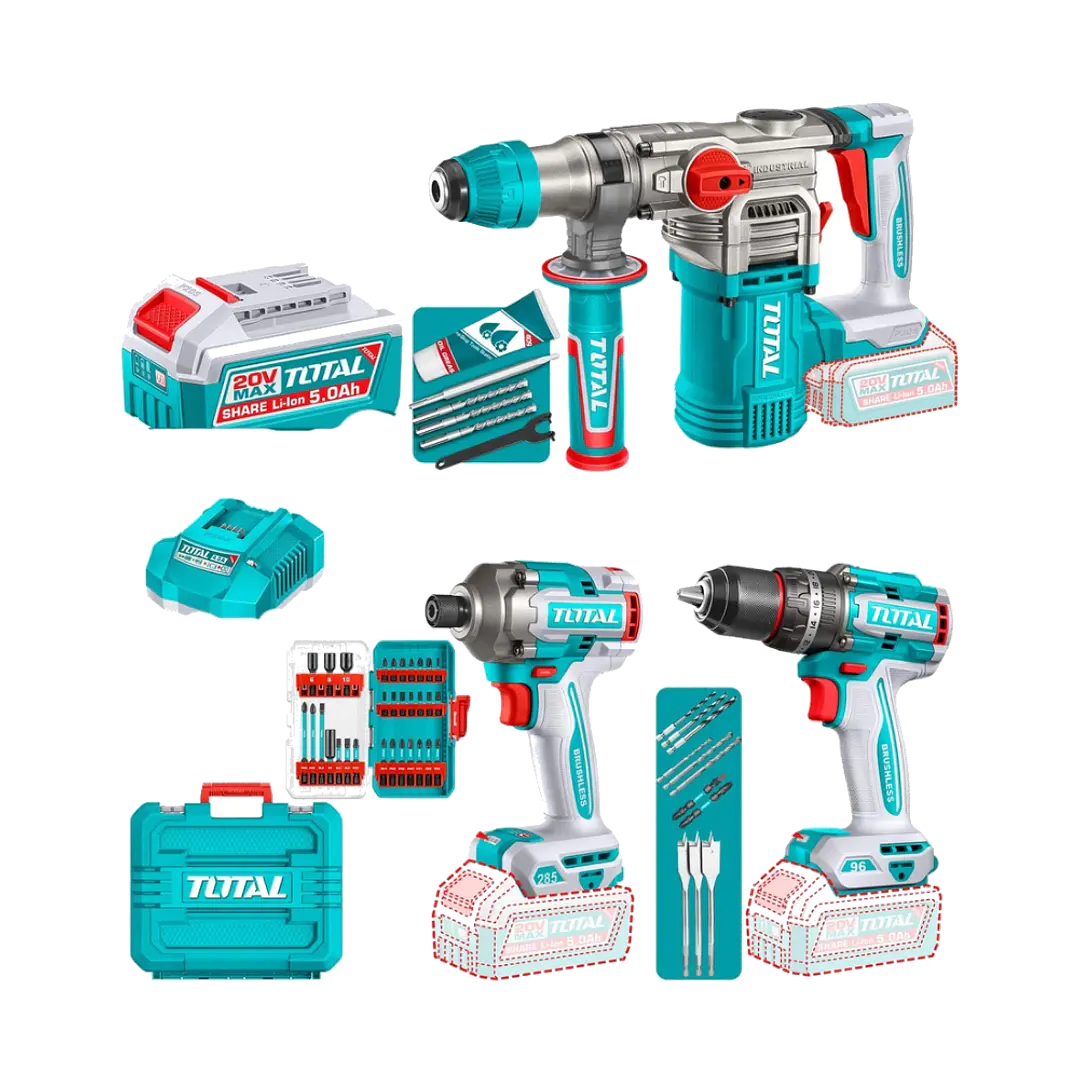 KIT TALADRO + ATONRILLADOR + ROTOMARTILLO INALAMBRICO 20V TOTAL 1