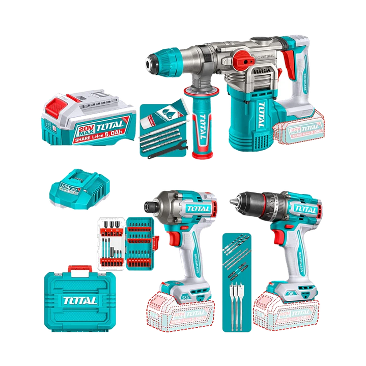 KIT TALADRO + ATONRILLADOR + ROTOMARTILLO INALAMBRICO 20V TOTAL 1
