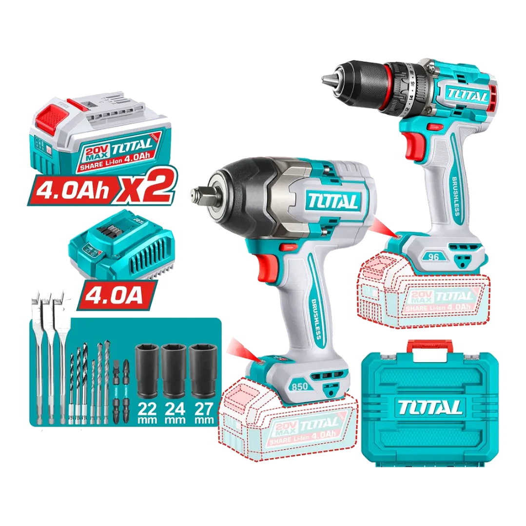 KIT LLAVE IMPACTO 850NM + TALADRO 96NM INALAMBRICO 20V TOTAL 1