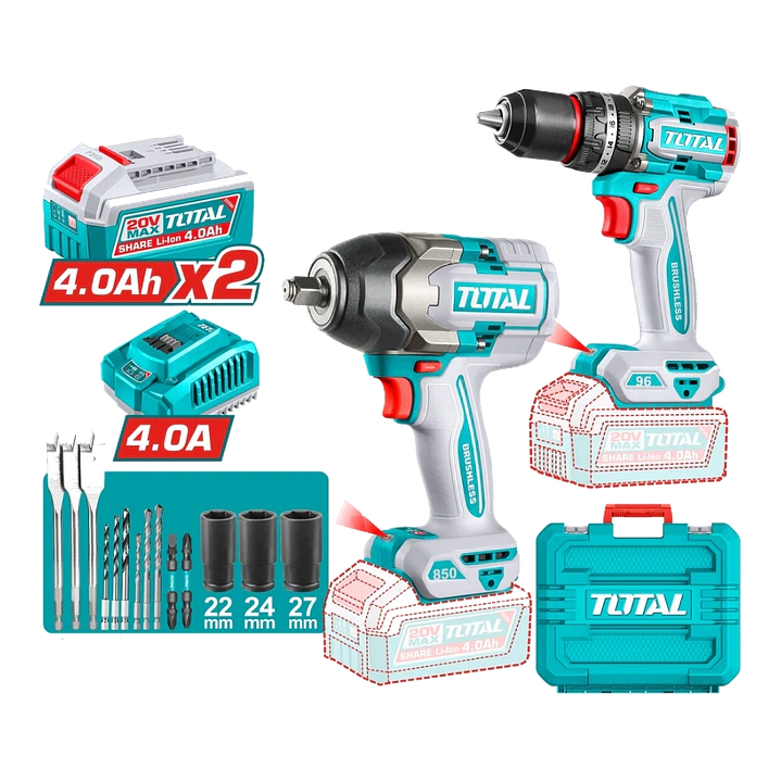 KIT LLAVE IMPACTO 850NM + TALADRO 96NM INALAMBRICO 20V TOTAL 1