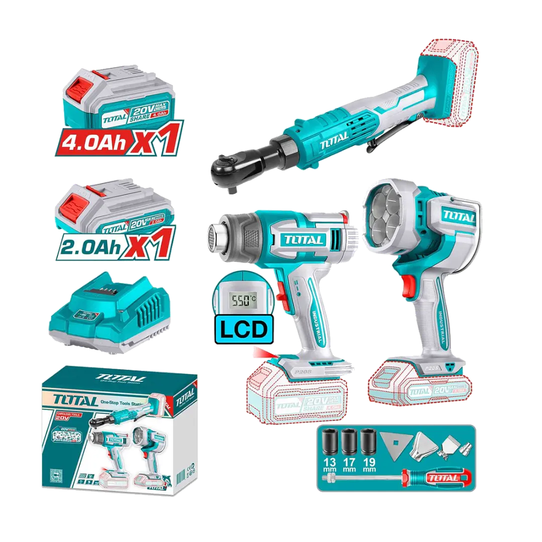 KIT PISTOLA CALOR + LAMPARA + CHICHARRA INALAMBRICO 20V TOTAL 1