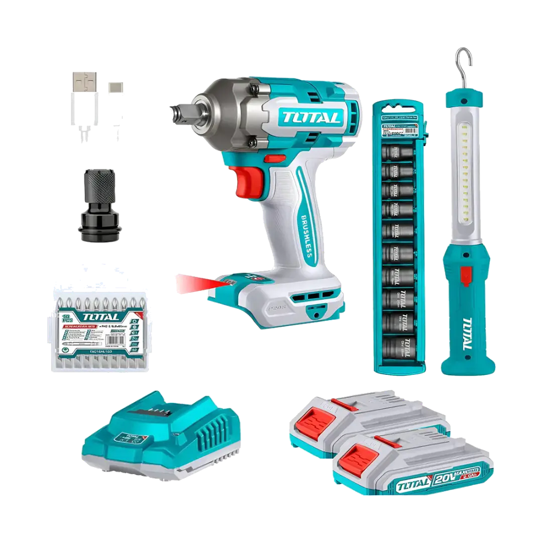 Kit Llave De Impacto 20v + Lampara + Dados Total Tosli23048 1