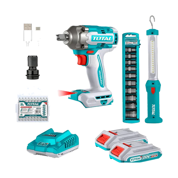 Kit Llave De Impacto 20v + Lampara + Dados Total Tosli23048 1