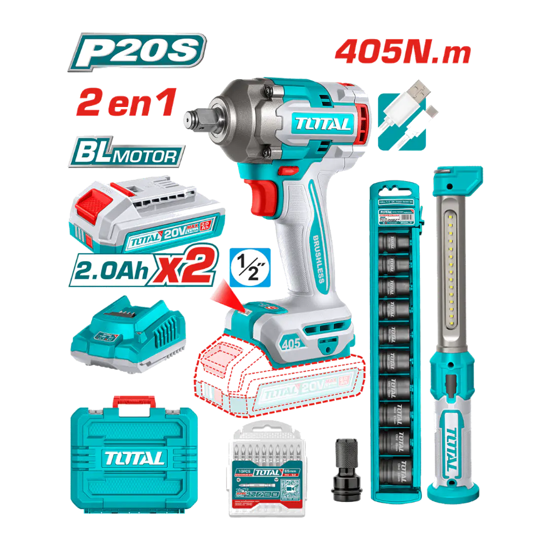 KIT LLAVE DE IMPACTO 405NM 20V+LAMPARA+DADOS Y PUNTA 1
