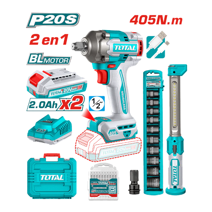 KIT LLAVE DE IMPACTO 405NM 20V+LAMPARA+DADOS Y PUNTA 1