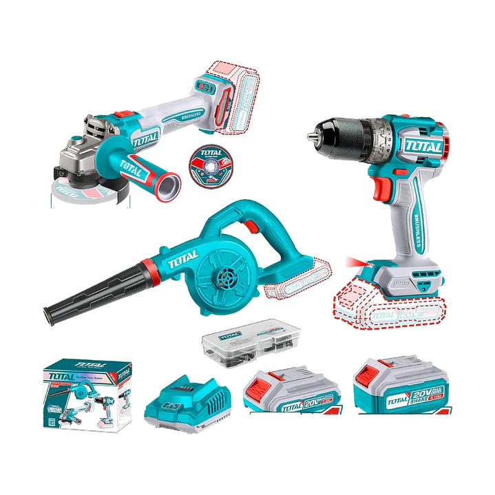 KIT TALADRO + ESMERIL + SOPLADORA INALAMBRICO 20V TOTAL 1