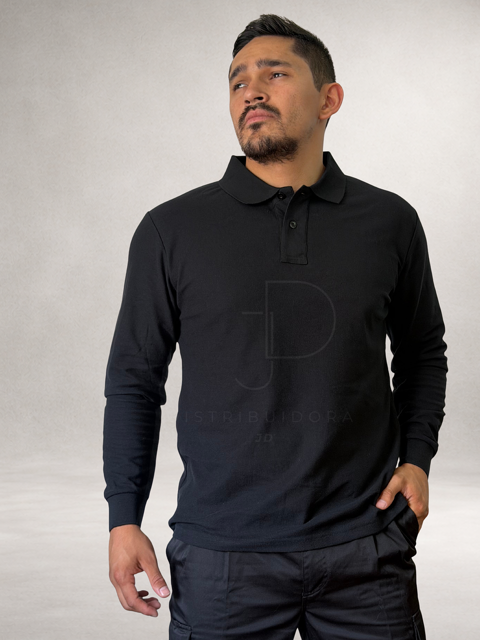 Polera Piqué Manga Larga Negra para Guardia de Seguridad 1