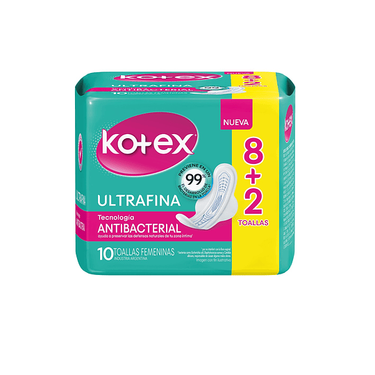 Toalla Femenina Kotex Ultrafina Tela con Alas Antibacterial (12 x 10 UD)